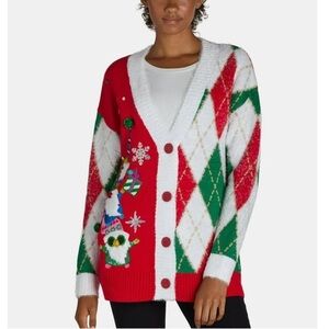 Holiday Time Christmas Gnome Argyle Festive Cardigan Sweater Womens size Large
